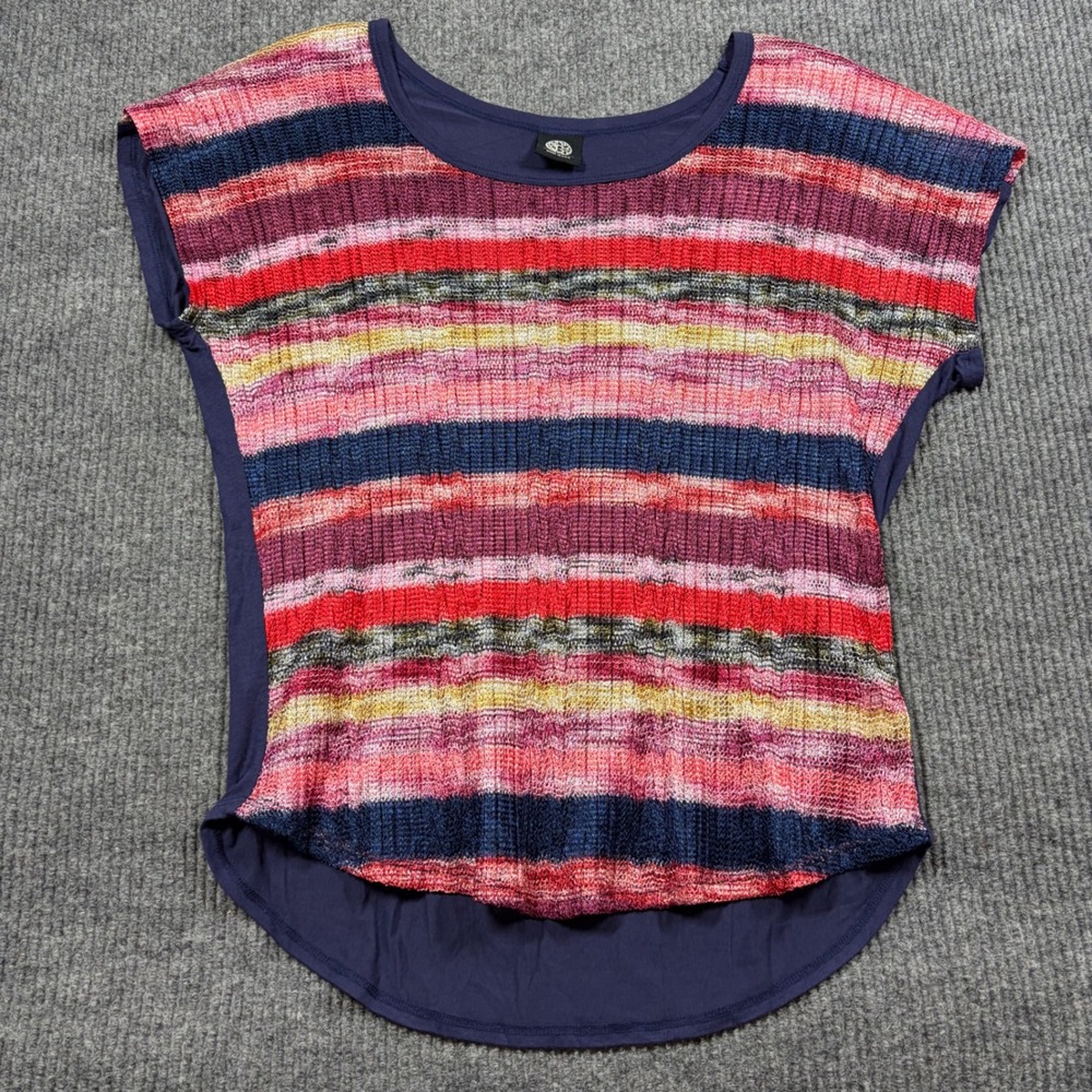 Bobeau Blouse Womens L Striped Knit Cap Sleeve Navy Pink Red Multi Made in USA